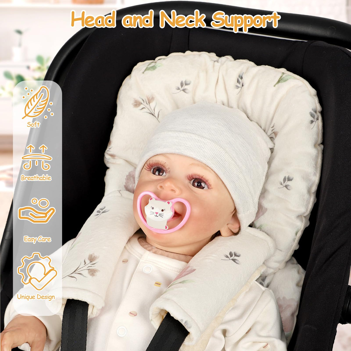 Infant Car Seat Insert with 2 Strap Pads, Reversible Head and Body Support W498