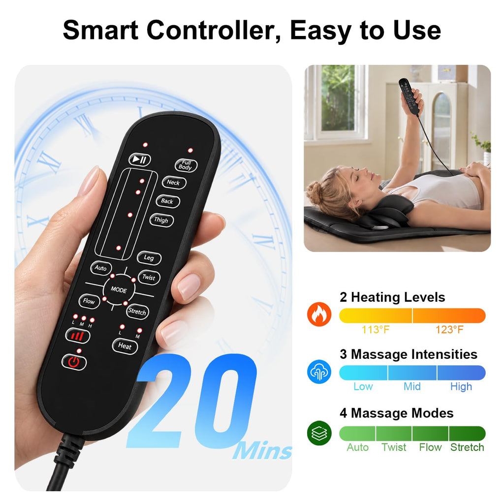 Full Body Massage Mat with Heat, 3D Stretching Back Massager Pad, 4 Modes 3 Intensities 3 Heat Levels, Portable Foldable PU Leather E210