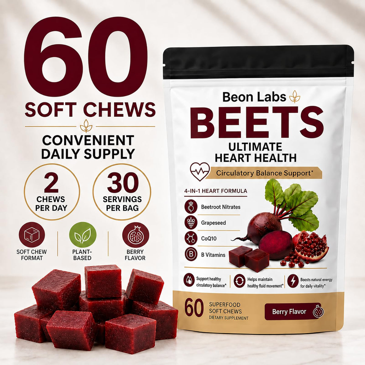 Beetroot Chews with CoQ10 & Grape Seed Extract, 60 Chews D509150