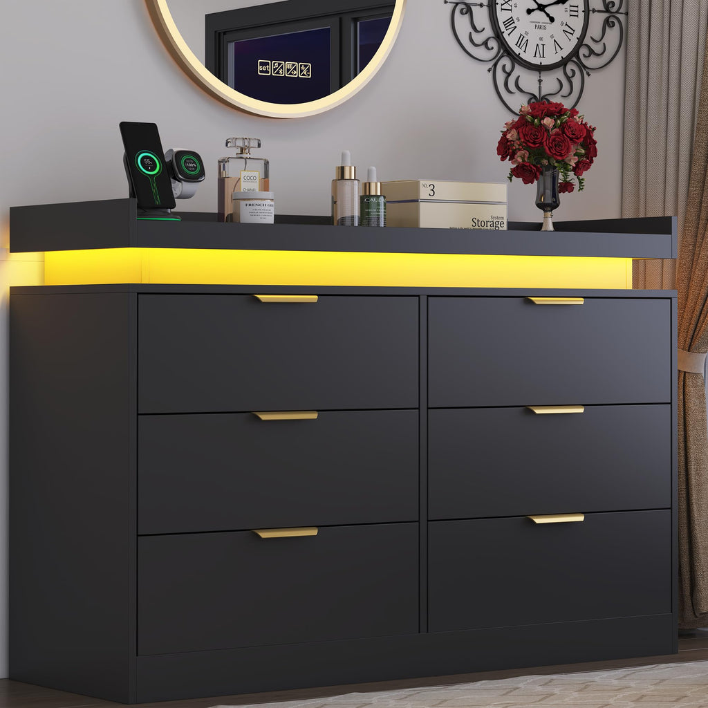 Black 6 Drawer Wood Dresser with LED Lights and Power Outlet T809