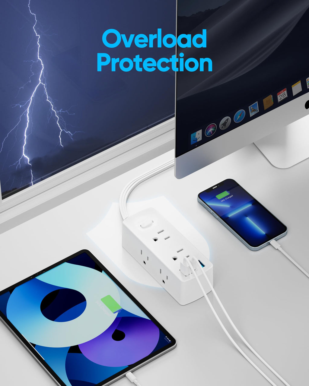 Flat Plug Power Strip with 5 FT Extension Cord, 6 Outlets 3 USB Ports, White H4060