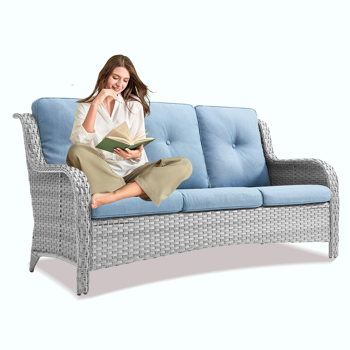 Light Gray Baby Blue Wicker 3-Seat Outdoor Sofa I619