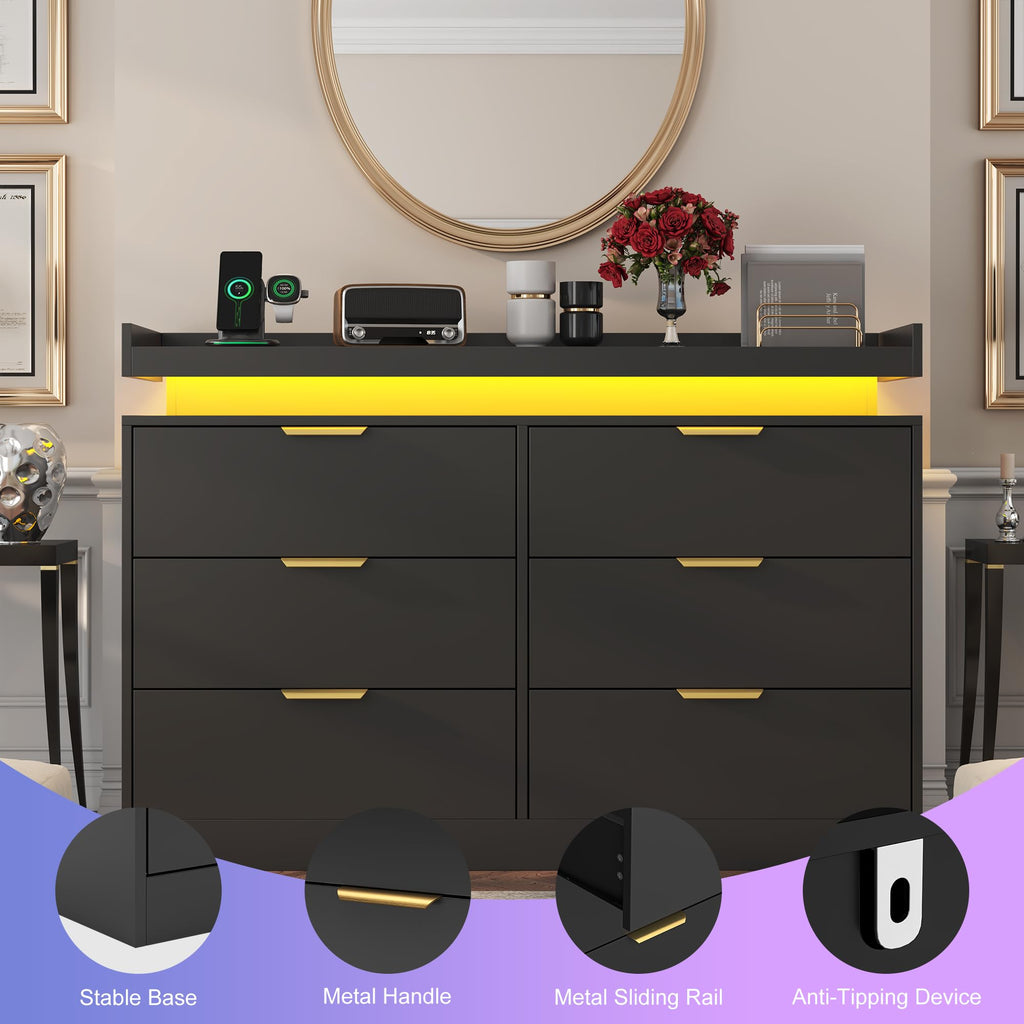 Black 6 Drawer Wood Dresser with LED Lights and Power Outlet T809