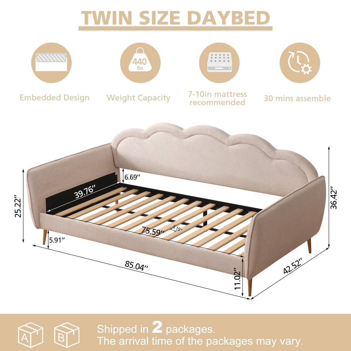 Twin Size Upholstered Linen Daybed with Metal Legs P447379