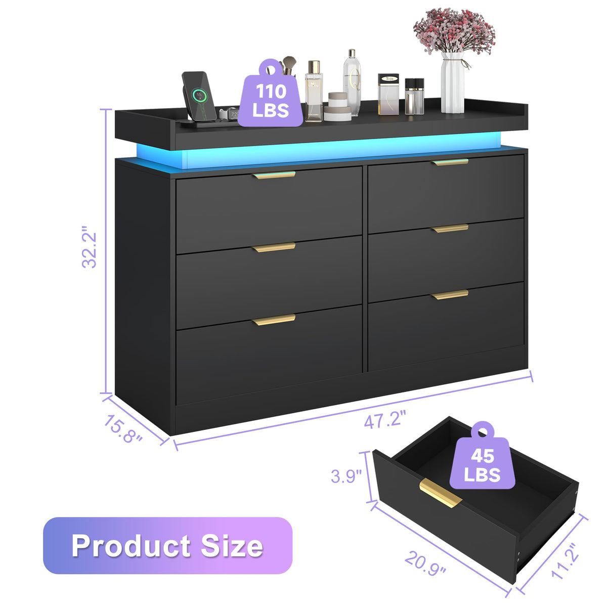 Black 6 Drawer Wood Dresser with LED Lights and Power Outlet T809
