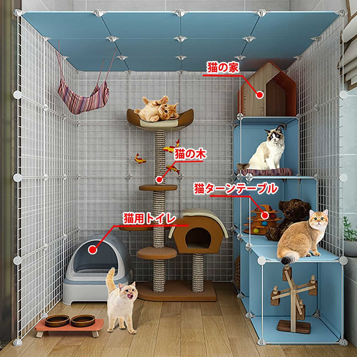Large Cat Cage Indoor Cat Playpen Detachable Metal Cat Kennels with Ramp Ladders Hammock and Bed Black K8325