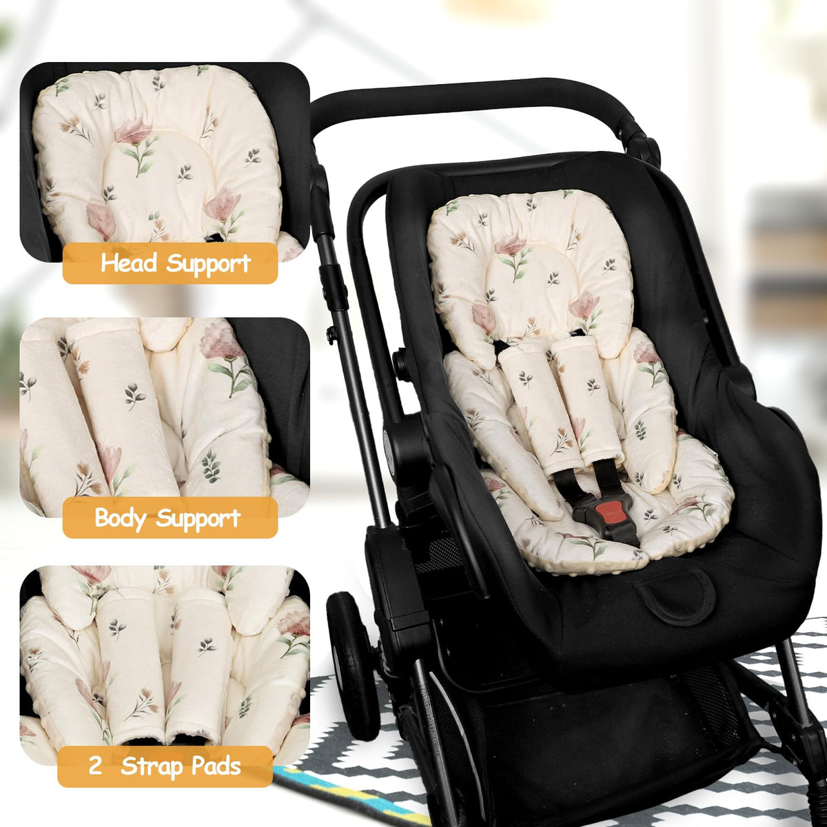 Infant Car Seat Insert with 2 Strap Pads, Reversible Head and Body Support W498