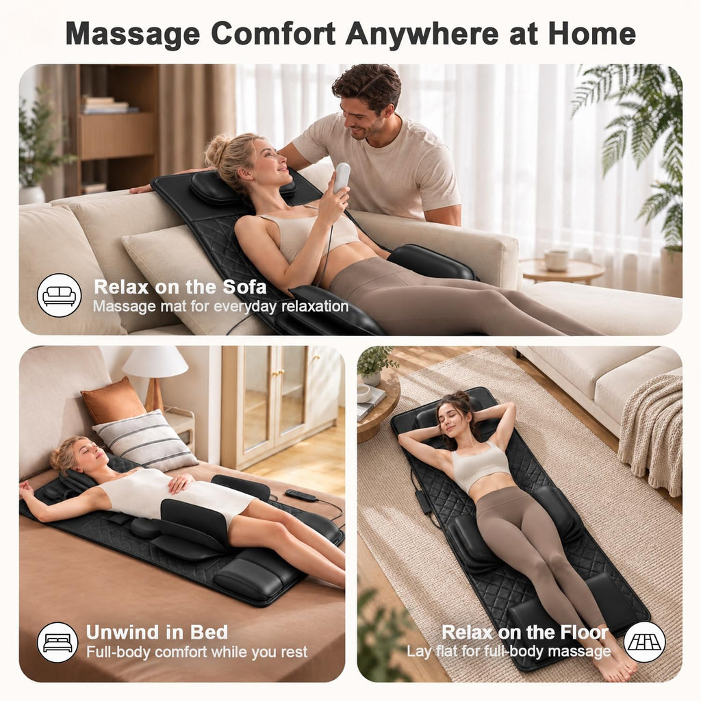 Full Body Massage Mat with Heat, 3D Stretching Back Massager Pad, 4 Modes 3 Intensities 3 Heat Levels, Portable Foldable PU Leather E210