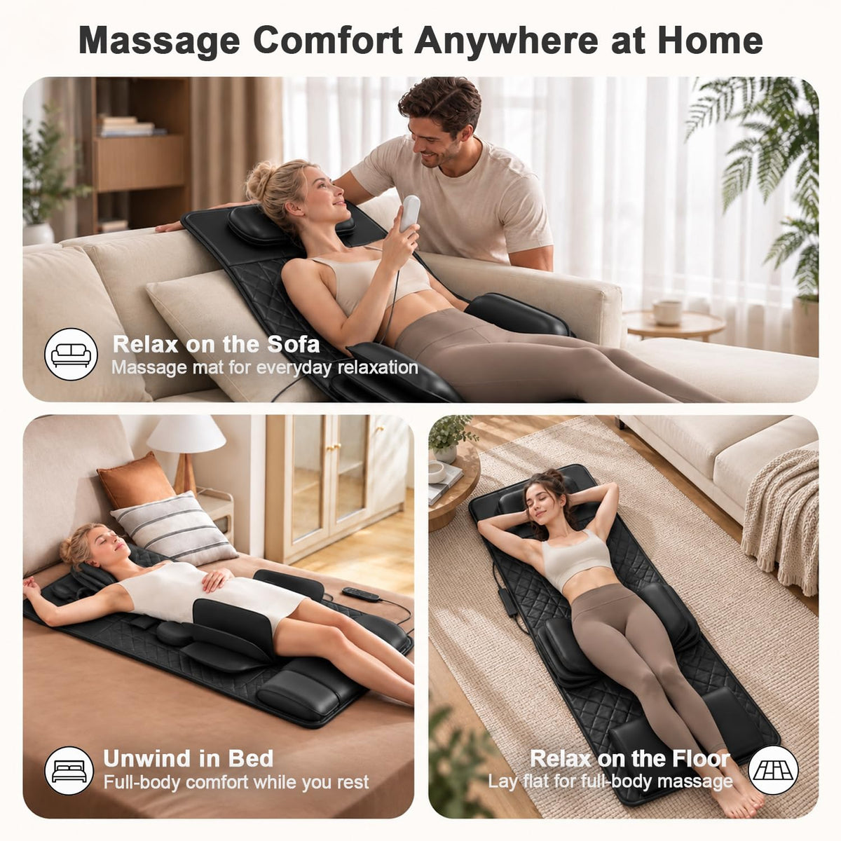 Full Body Massage Mat with Heat, 3D Stretching Back Massager Pad, 4 Modes 3 Intensities 3 Heat Levels, Portable Foldable PU Leather E210