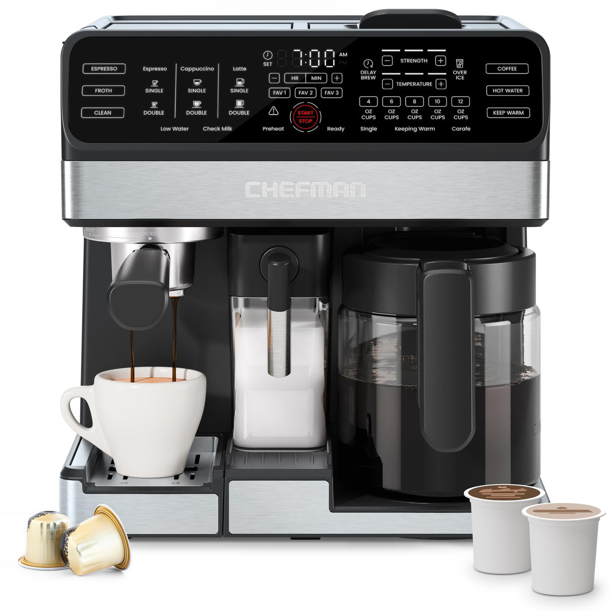 8-in-1 Espresso Machine with Milk Frother, 12-Cup Carafe, Black H944