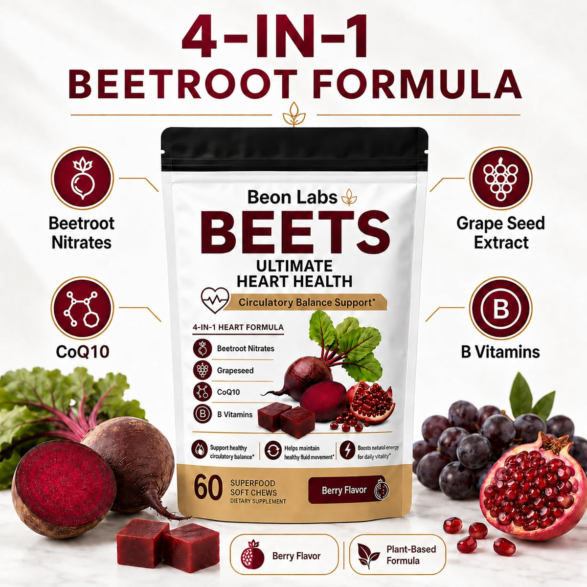 Beetroot Chews with CoQ10 & Grape Seed Extract, 60 Chews D509150