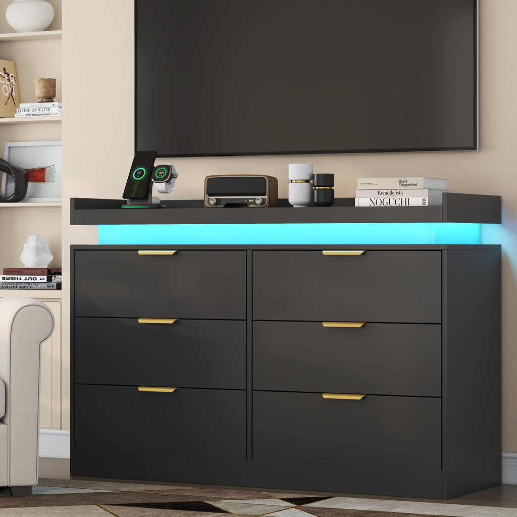 Black 6 Drawer Wood Dresser with LED Lights and Power Outlet T809