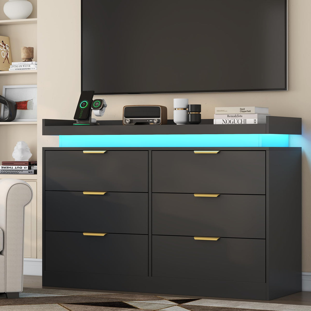 Black 6 Drawer Wood Dresser with LED Lights and Power Outlet T809