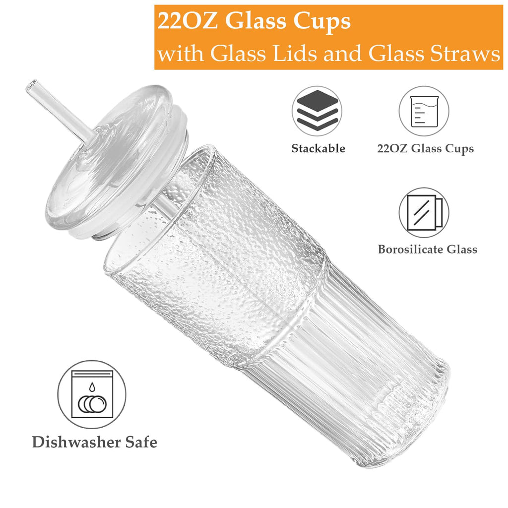 2Pcs 22oz Glass Cups with Lids and Straws R730