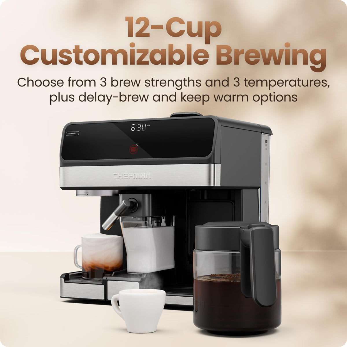 8-in-1 Espresso Machine with Milk Frother, 12-Cup Carafe, Black H944