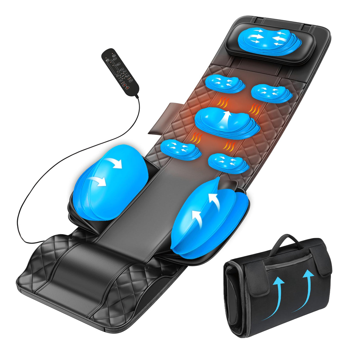 Full Body Massage Mat with Heat, 3D Stretching Back Massager Pad, 4 Modes 3 Intensities 3 Heat Levels, Portable Foldable PU Leather E210
