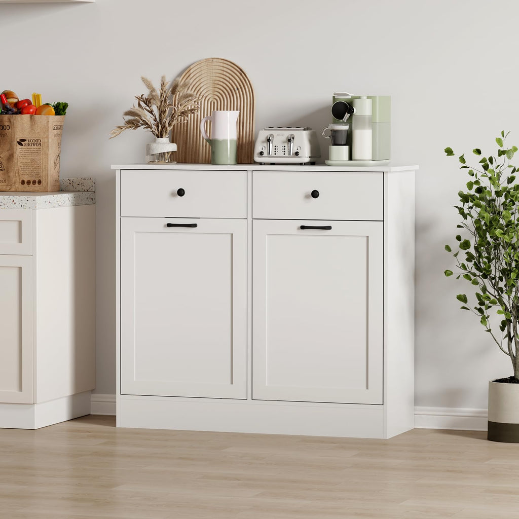 20 Gallon Double Tilt Out Trash Can Cabinet with Hidden Drawers White V97306