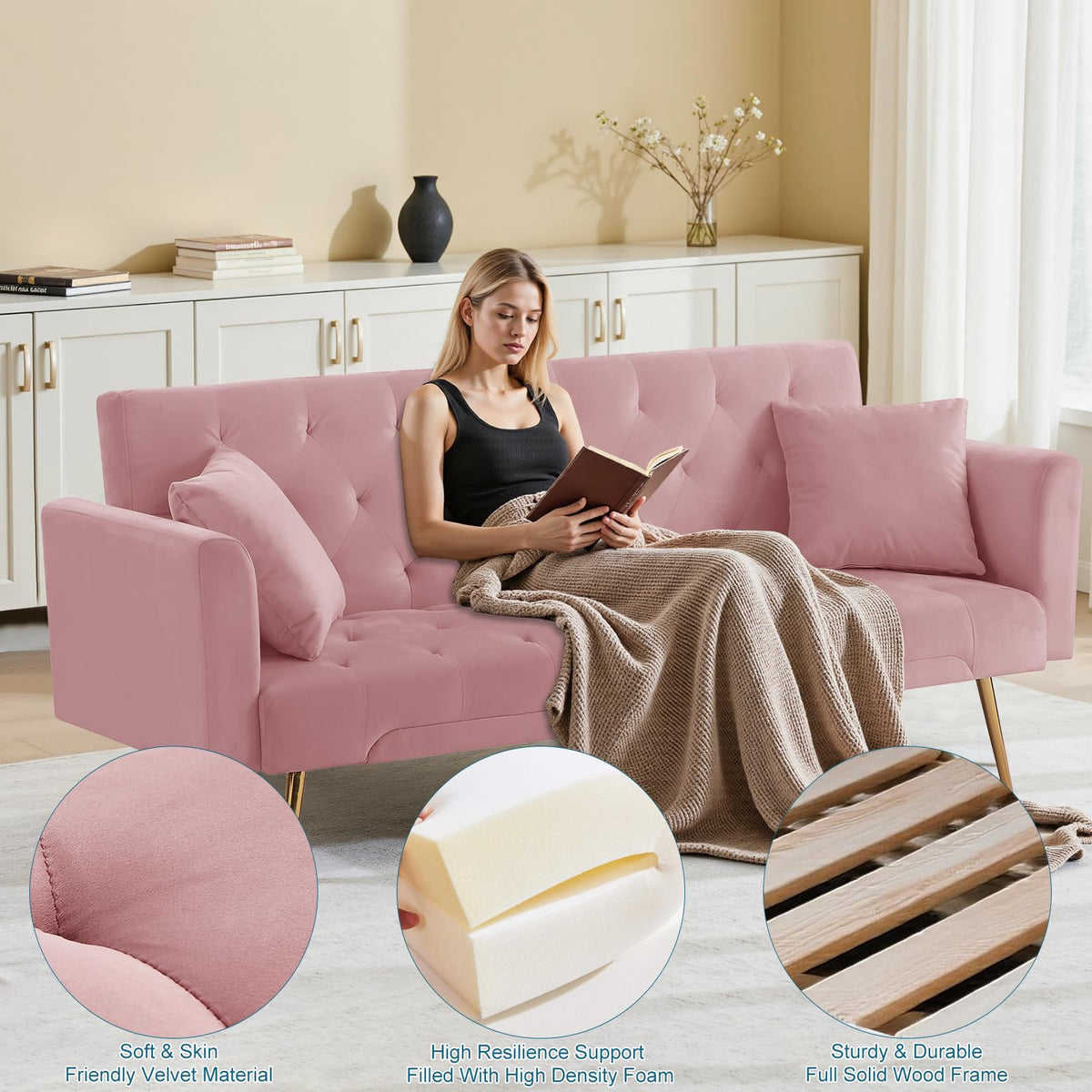 Pink Velvet Convertible Sofa Bed L9404
