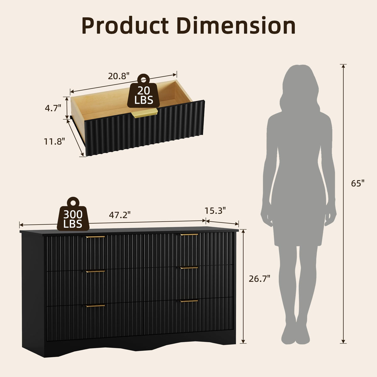 6 Drawer Fluted Wood Dresser W611
