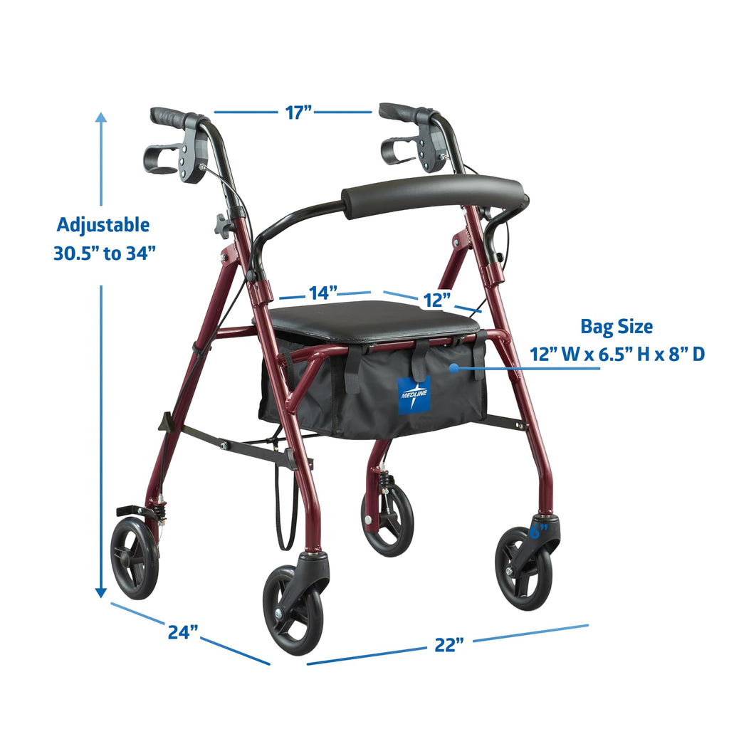 Steel Rollator Walker with Seat, Burgundy, 350 lb. Weight Capacity M63338