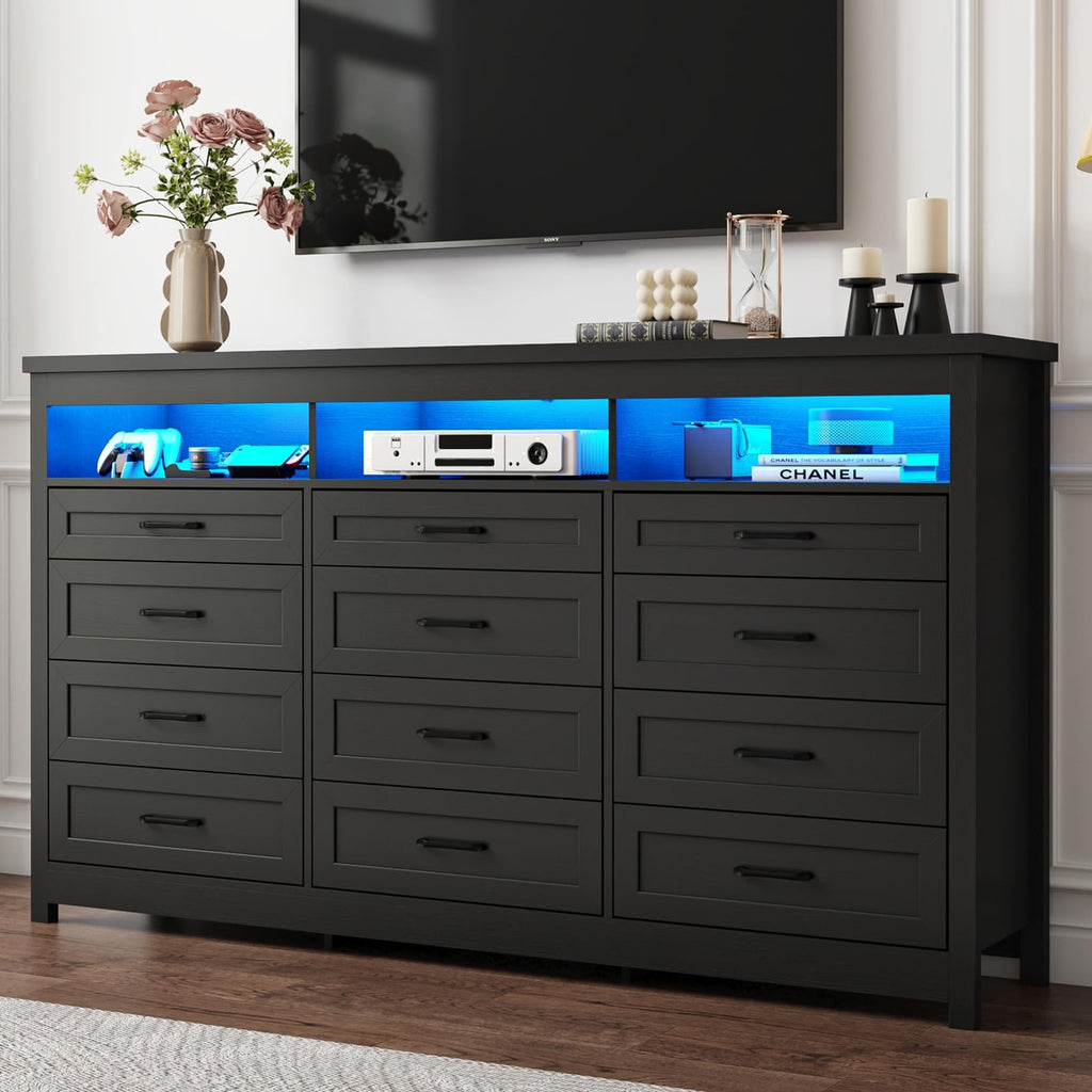 Black 12 Drawer Wood Dresser with LED Lights C19161