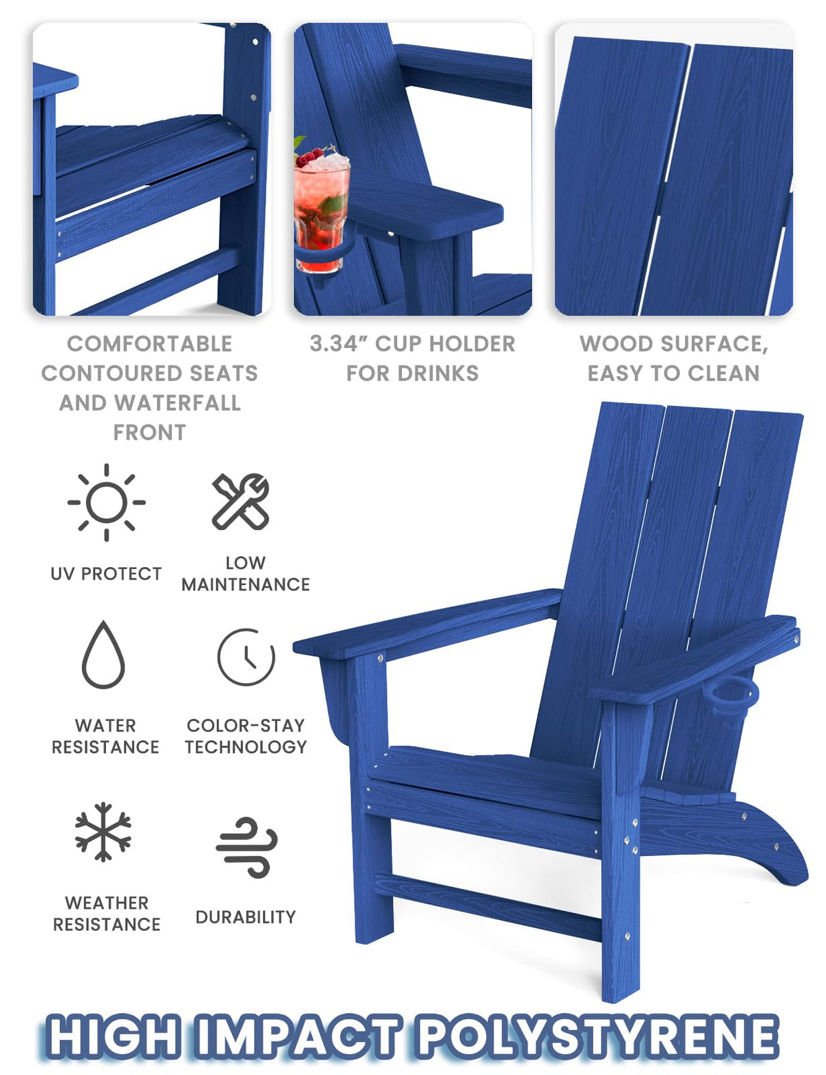 Adirondack Chair with Cup Holder, HDPE Plastic Patio Chairs J353452