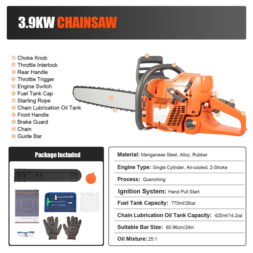 Gas Powered Chainsaw, 71.8cc 2-Stroke, 24 Inch J69339