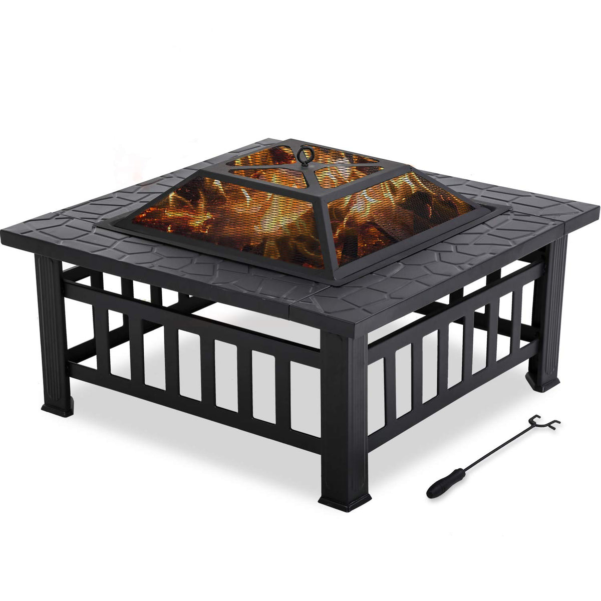 32'' Black Metal Square Wood Burning Fire Pit with Spark Screen Cover, Log Grate, Poker X82459
