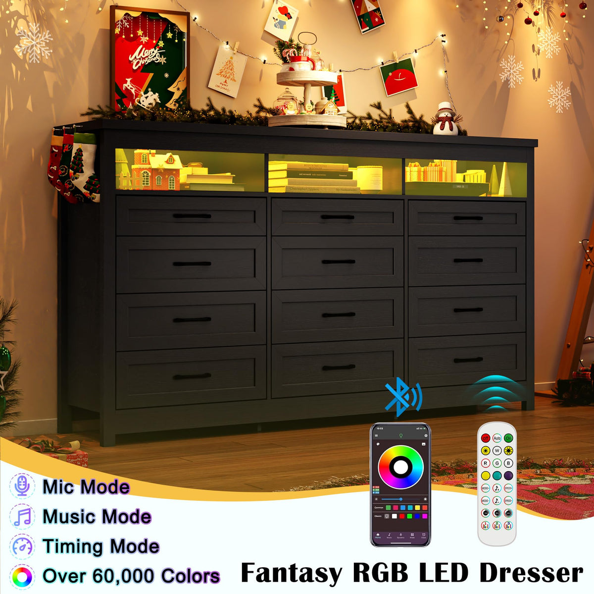 Black 12 Drawer Wood Dresser with LED Lights C19161