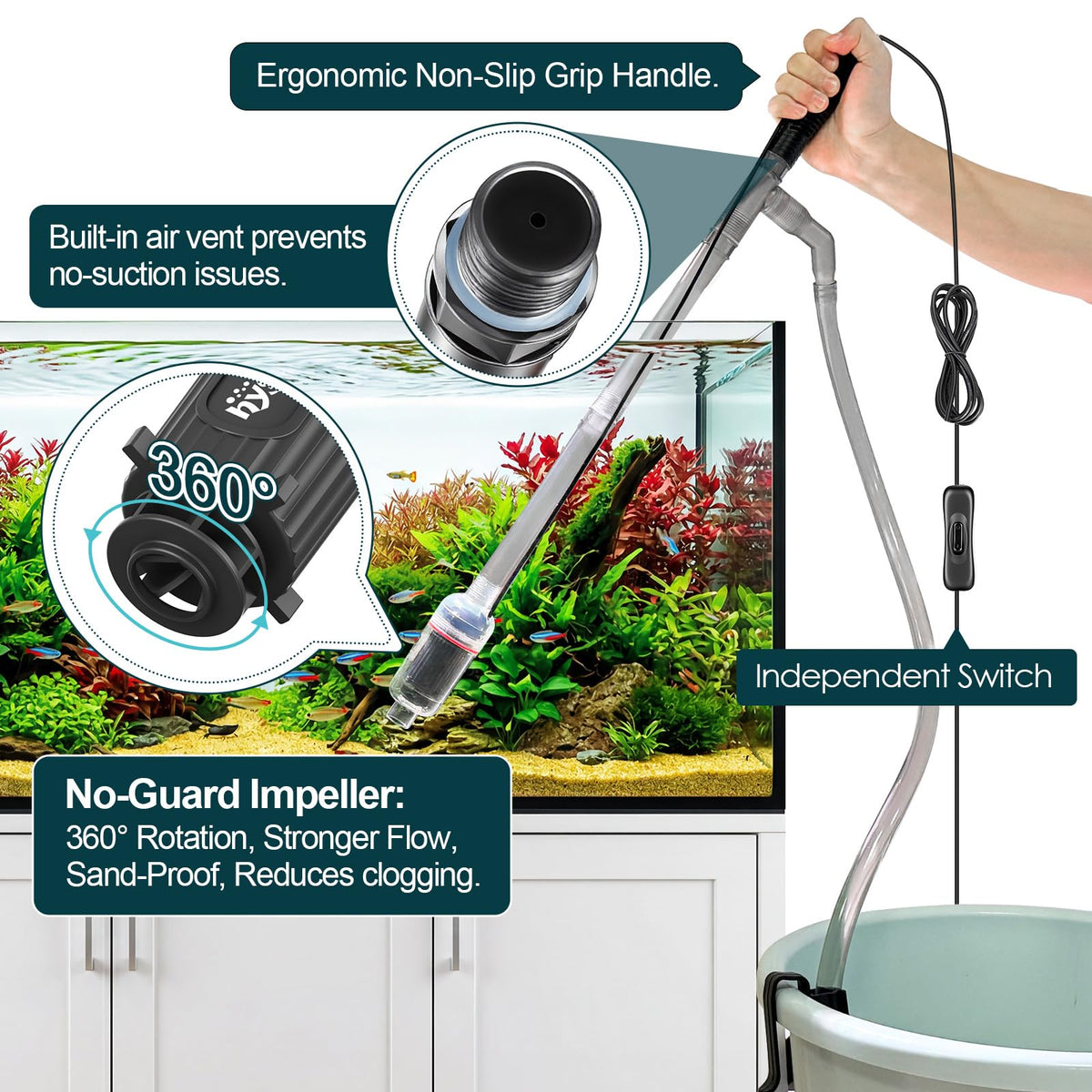Electric Aquarium Gravel Cleaner, 528GPH Fish Tank Vacuum, 5-in-1 Sand Washer Water Changer Kit X1762