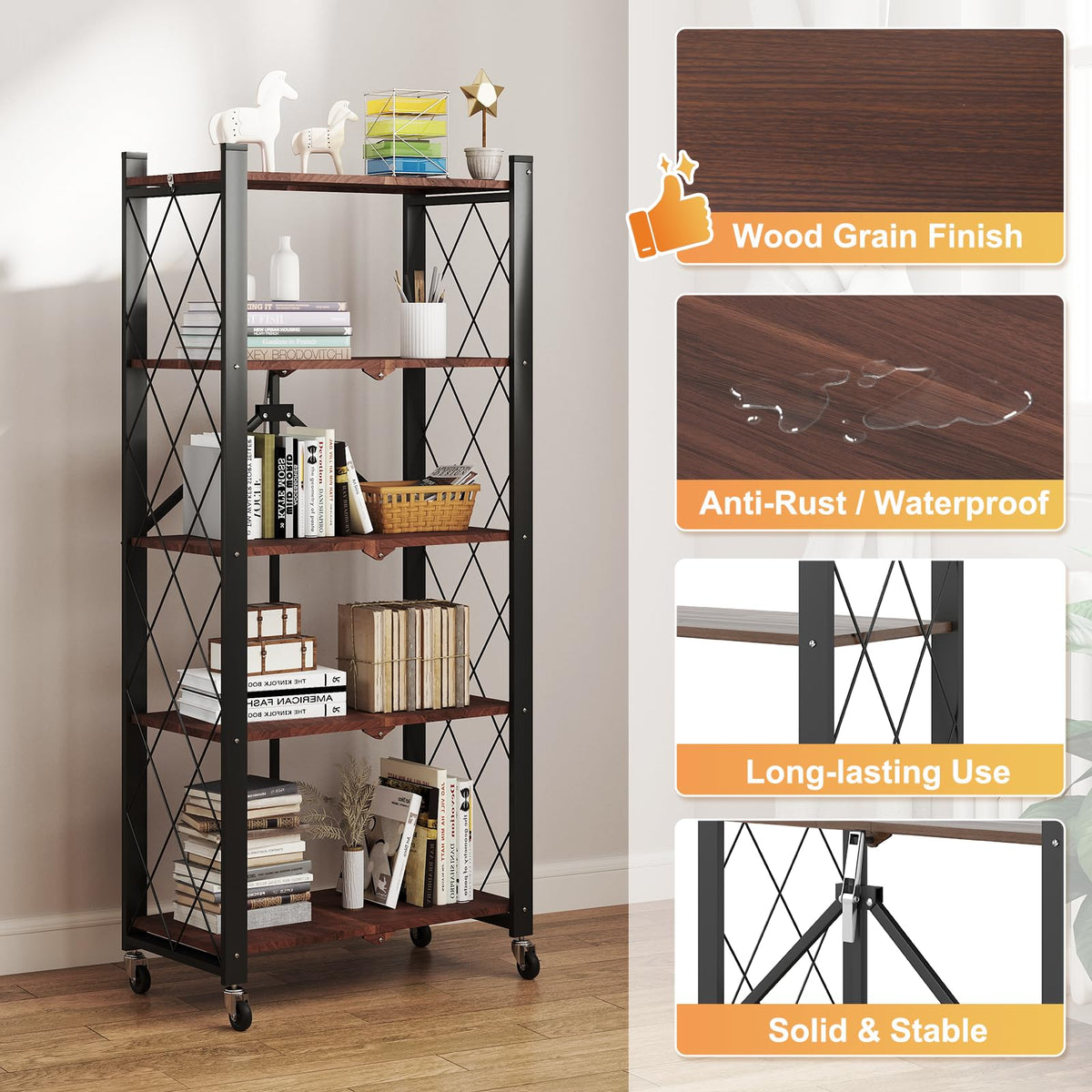 5-Tier Folding Storage Shelf with Woodgrain Finish D770