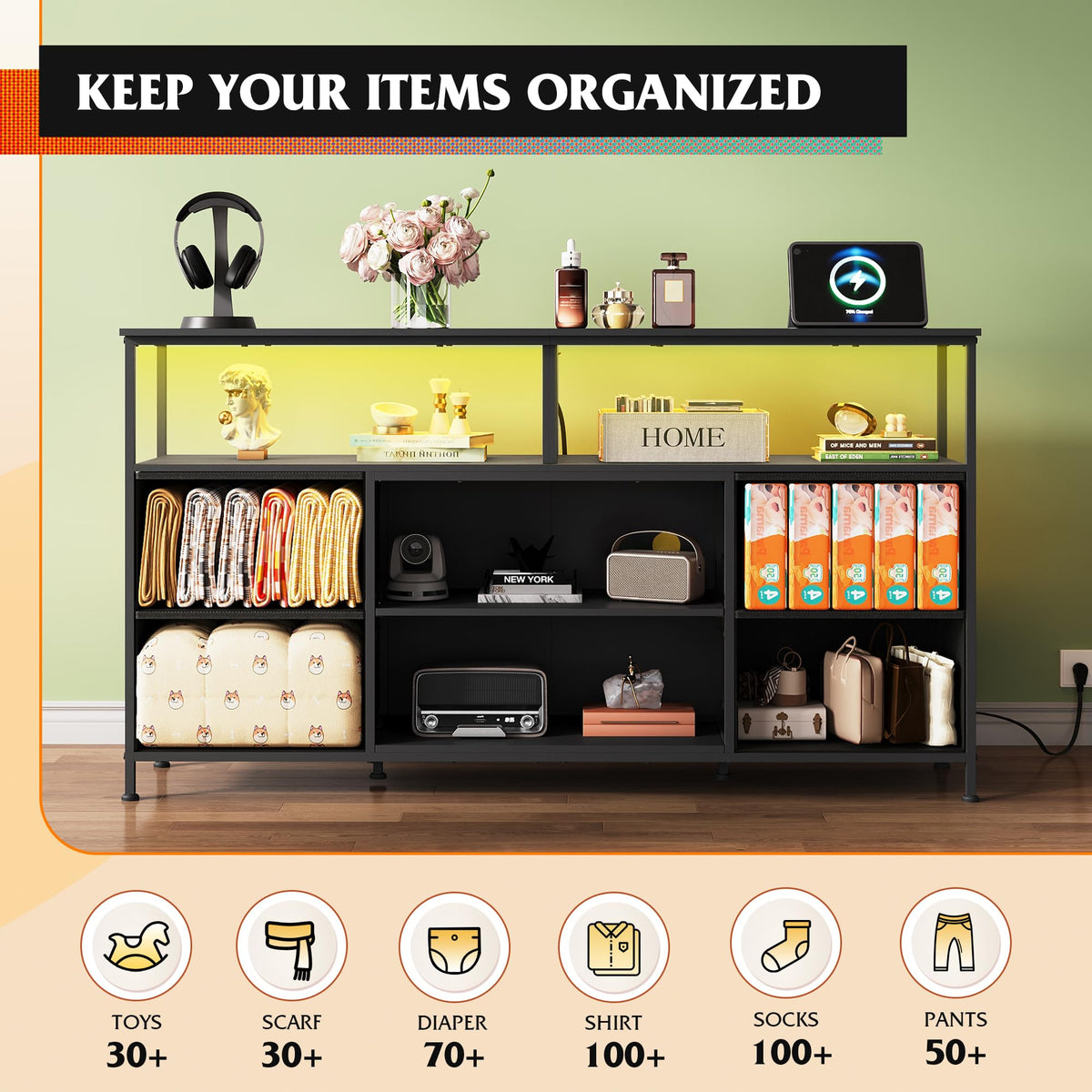 Black TV Stand Dresser with LED Lights and Fabric Drawers Q690560