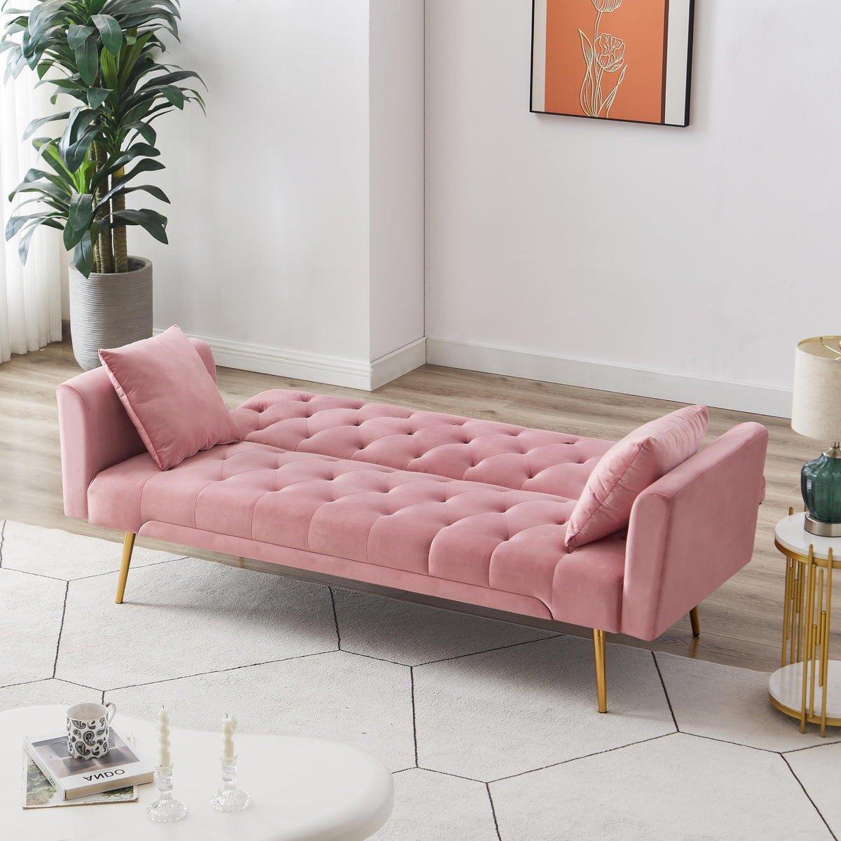 Pink Velvet Convertible Sofa Bed L9404