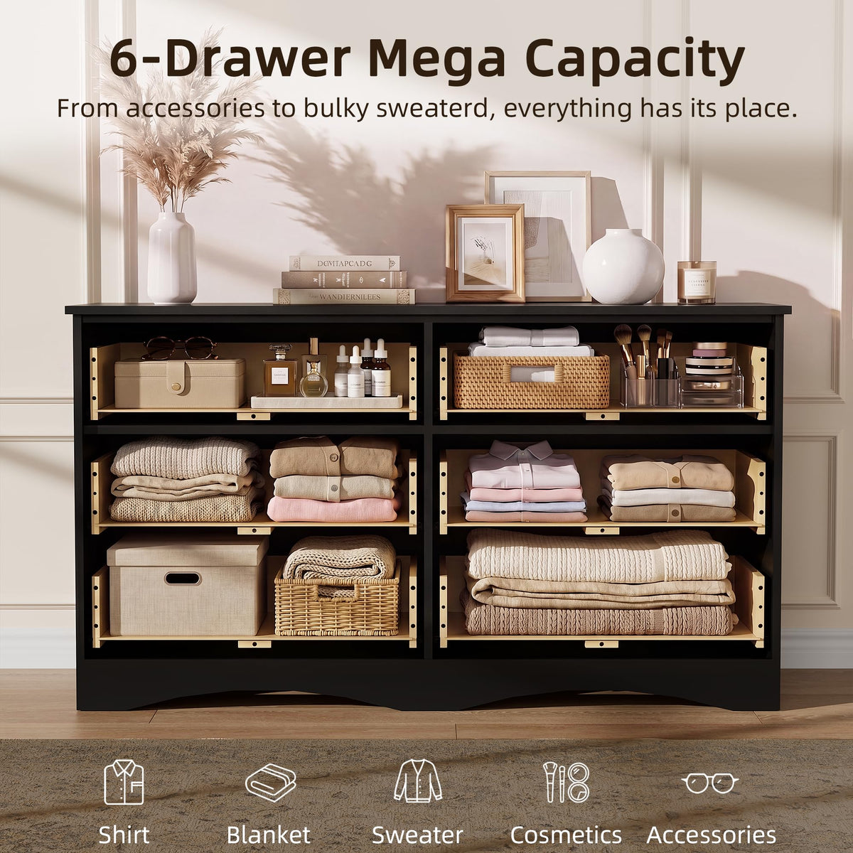 6 Drawer Fluted Wood Dresser W611