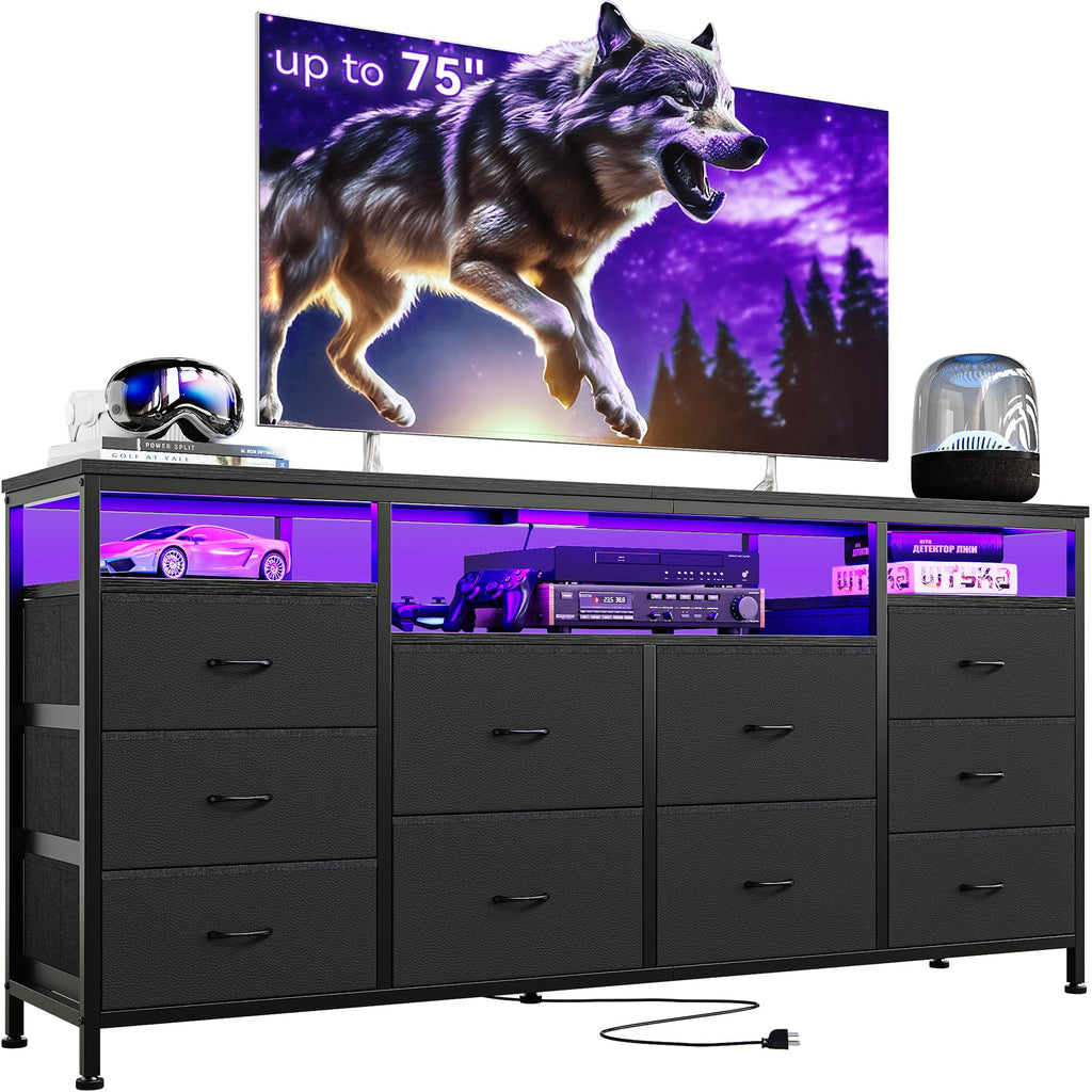 10 Drawer Dresser TV Stand with LED Lights and Power Outlets X5855