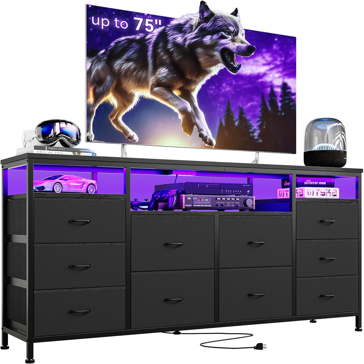10 Drawer Dresser TV Stand with LED Lights and Power Outlets X5855