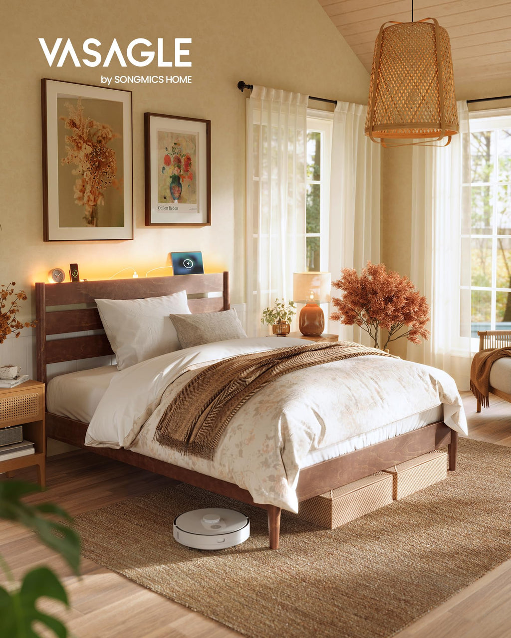 Full Wood Platform Bed with Headboard Storage Shelf D984