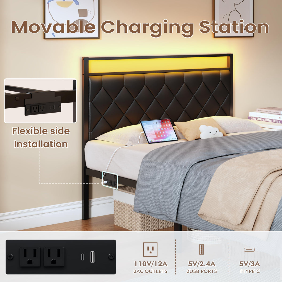 Full Size Black Metal Bed Frame with LED Lights & Charging Station D8378