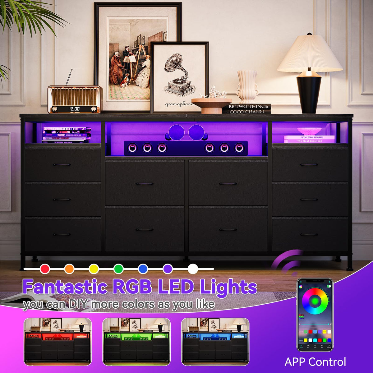 10 Drawer Dresser TV Stand with LED Lights and Power Outlets X5855