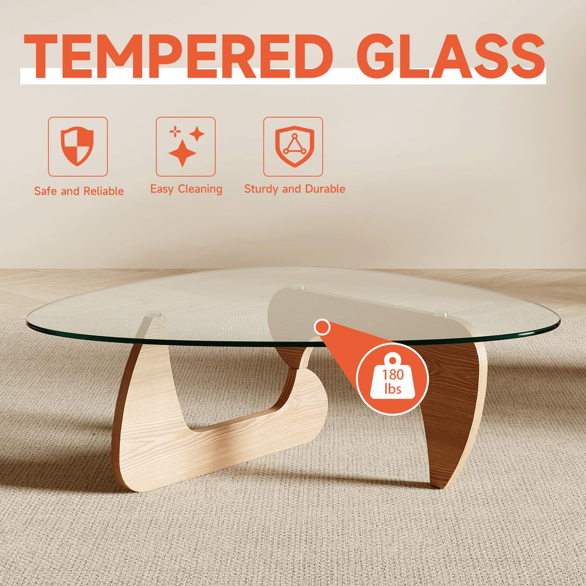 Modern Coffee Table with Tempered Glass Top and Solid Wood Base V82987