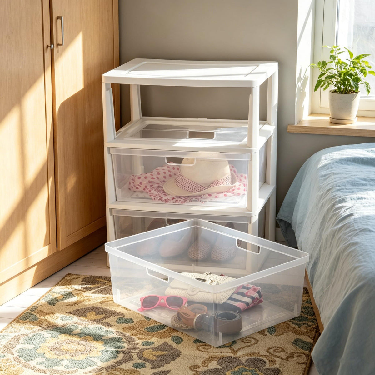 White 3-Drawer Plastic Storage Tower with Clear Bins K69438