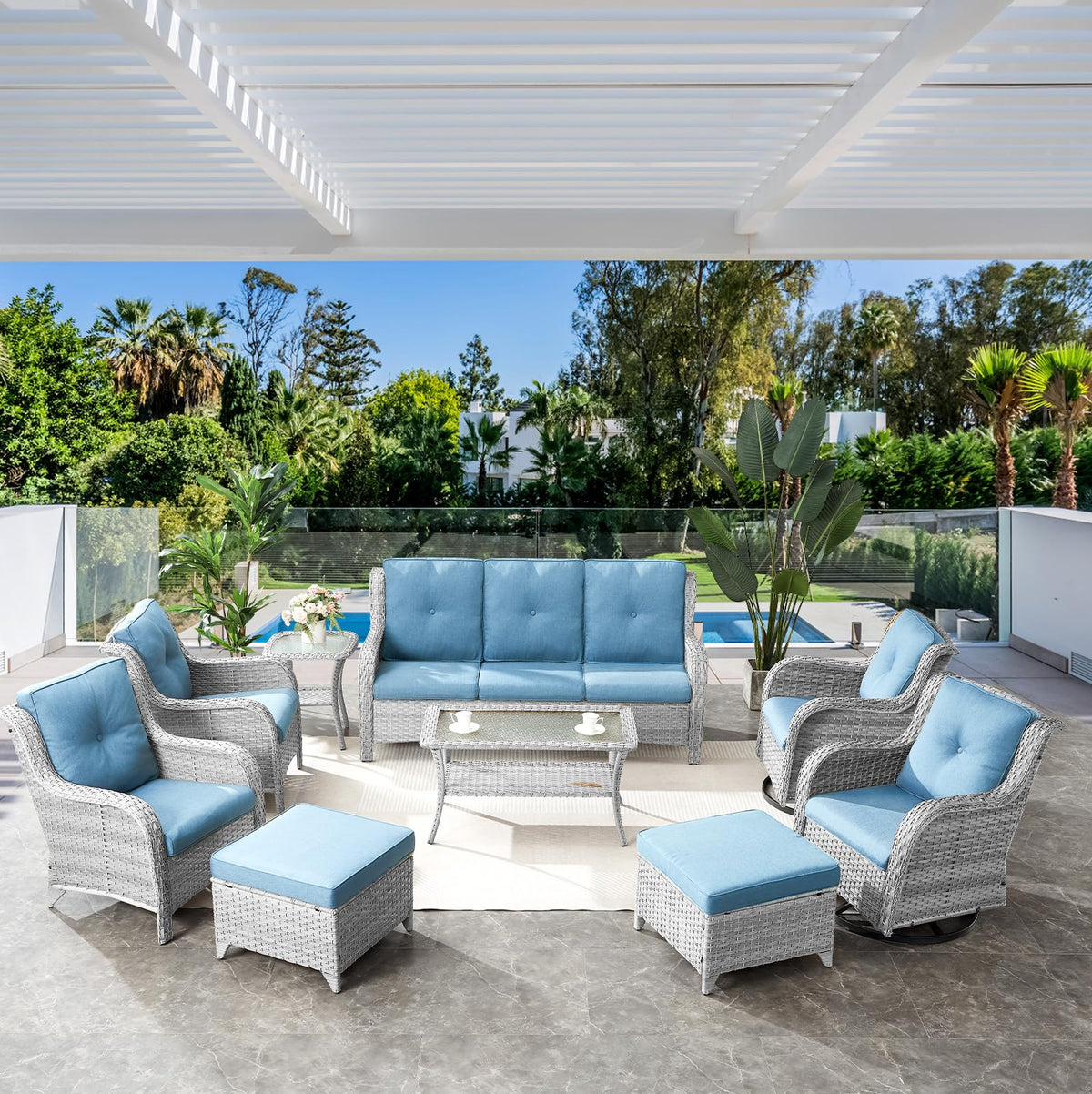 Light Gray Baby Blue Wicker 3-Seat Outdoor Sofa I619
