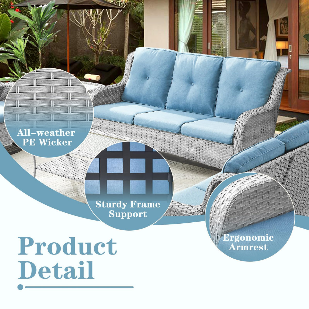 Light Gray Baby Blue Wicker 3-Seat Outdoor Sofa I619