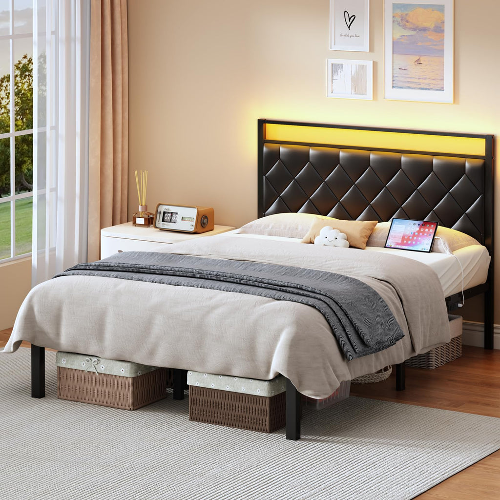 Full Size Black Metal Bed Frame with LED Lights & Charging Station D8378