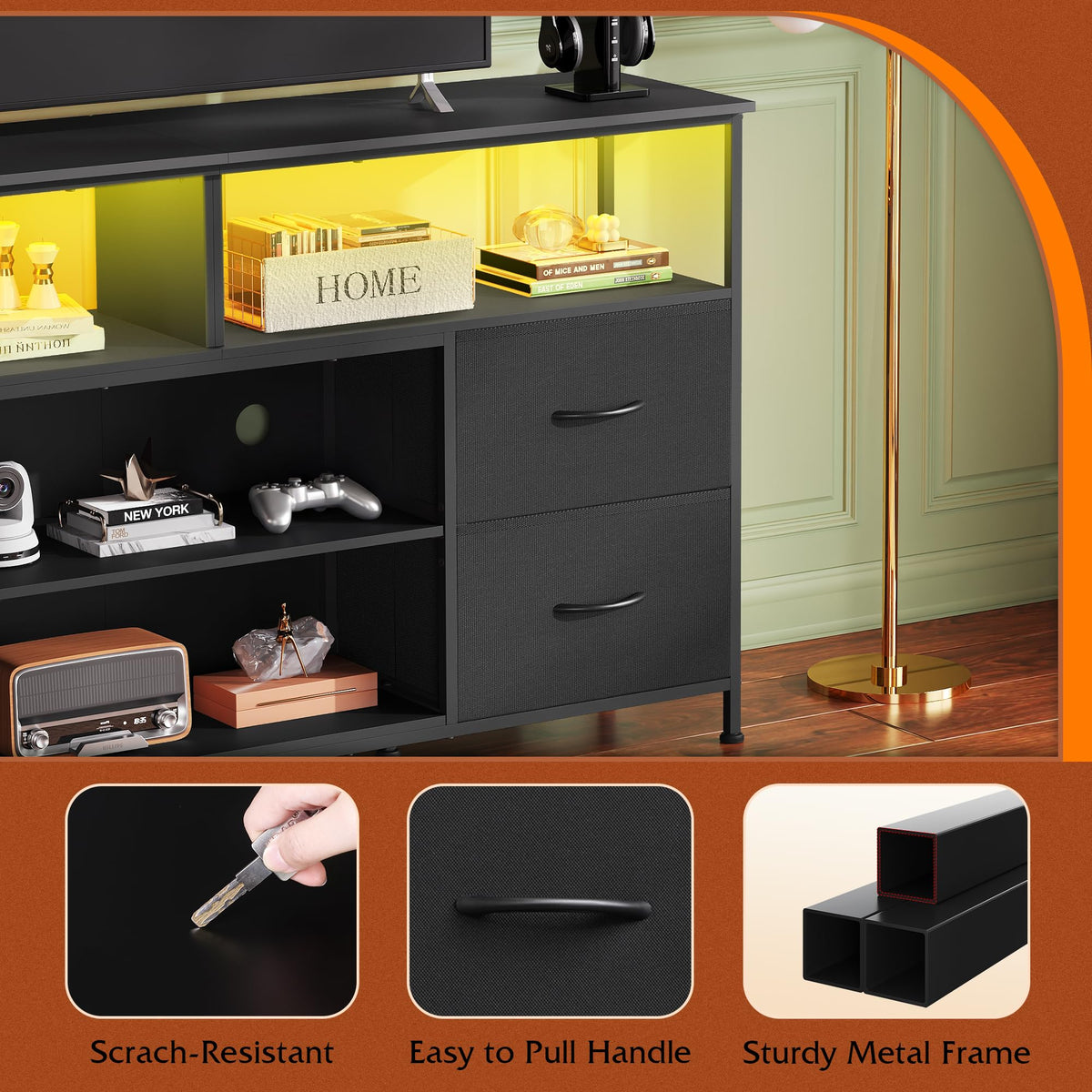 Black TV Stand Dresser with LED Lights and Fabric Drawers Q690560
