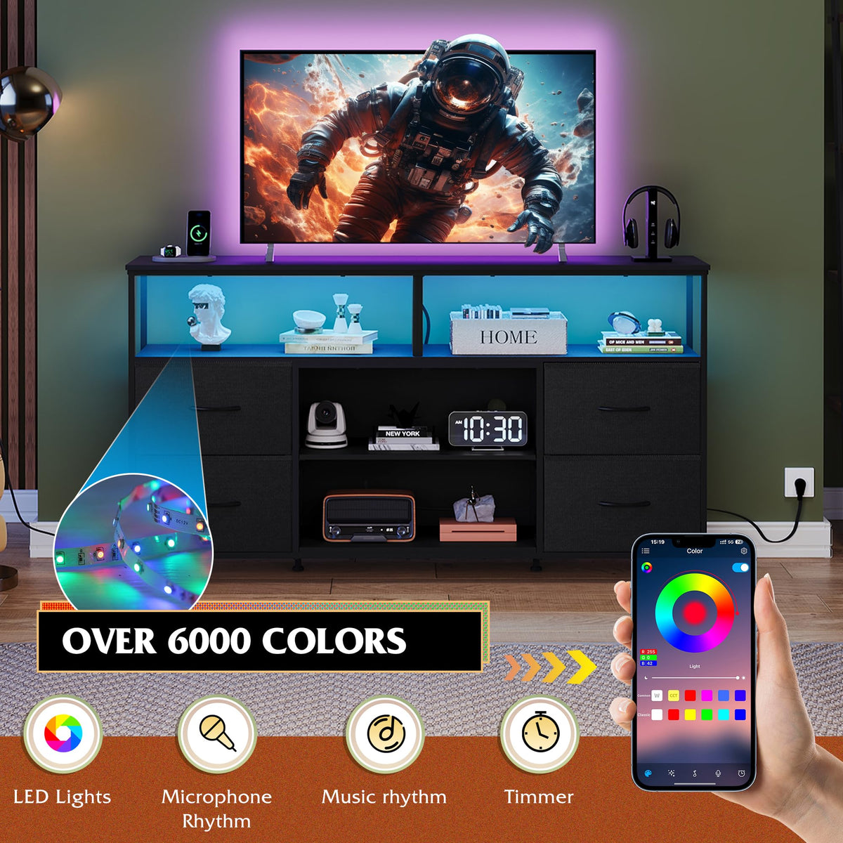Black TV Stand Dresser with LED Lights and Fabric Drawers Q690560