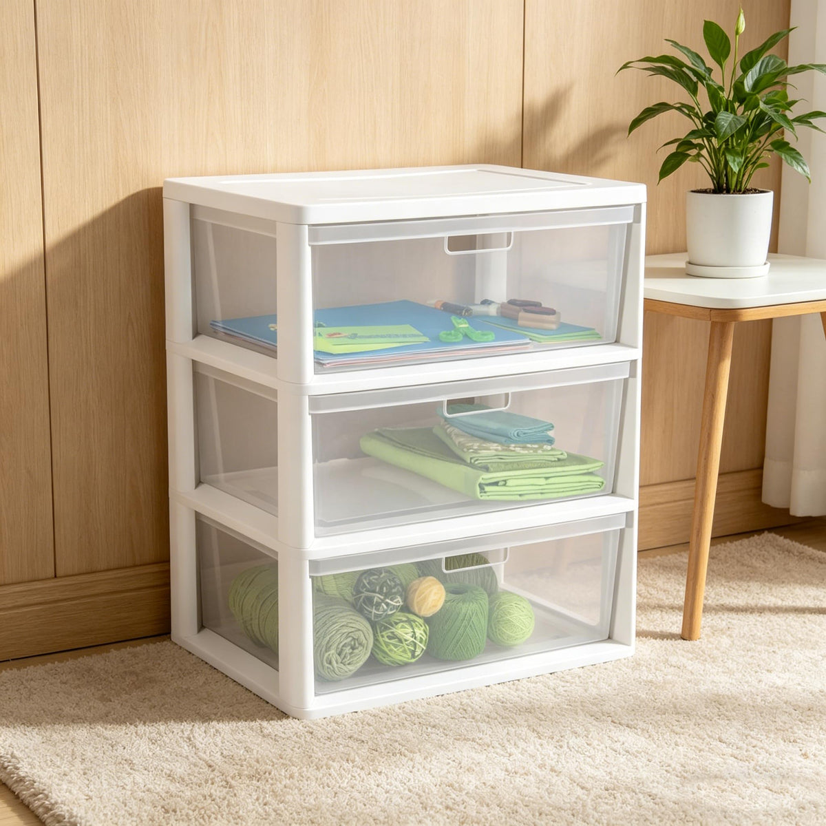 White 3-Drawer Plastic Storage Tower with Clear Bins K69438