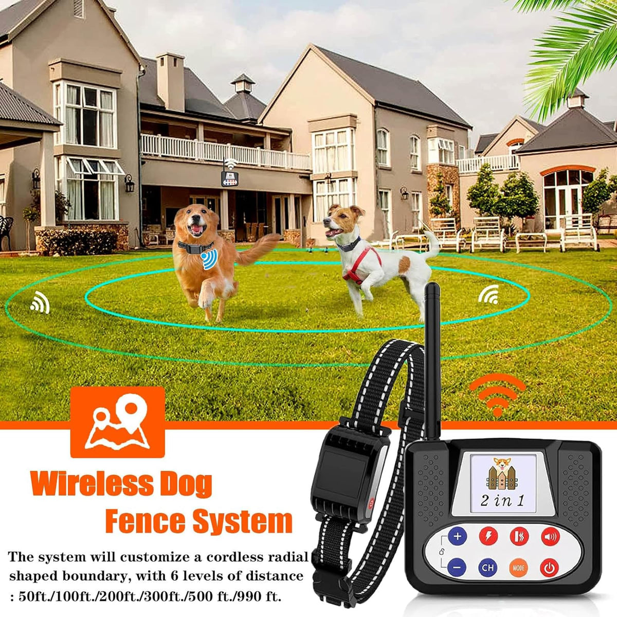 Wireless Electric Dog Fence & Training Collar 2-in-1, Waterproof Rechargeable, Up to 8 Acre E293015