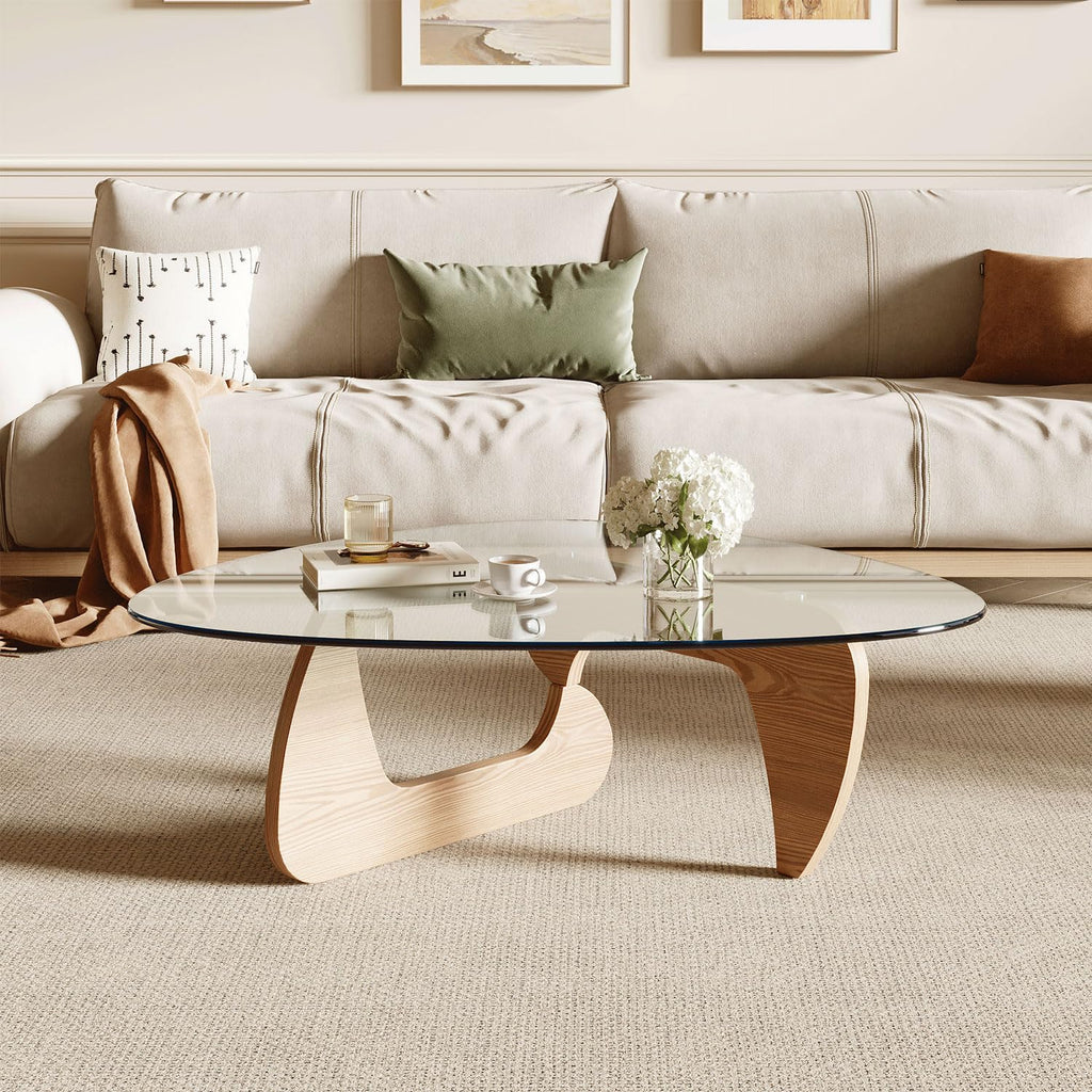 Modern Coffee Table with Tempered Glass Top and Solid Wood Base V82987