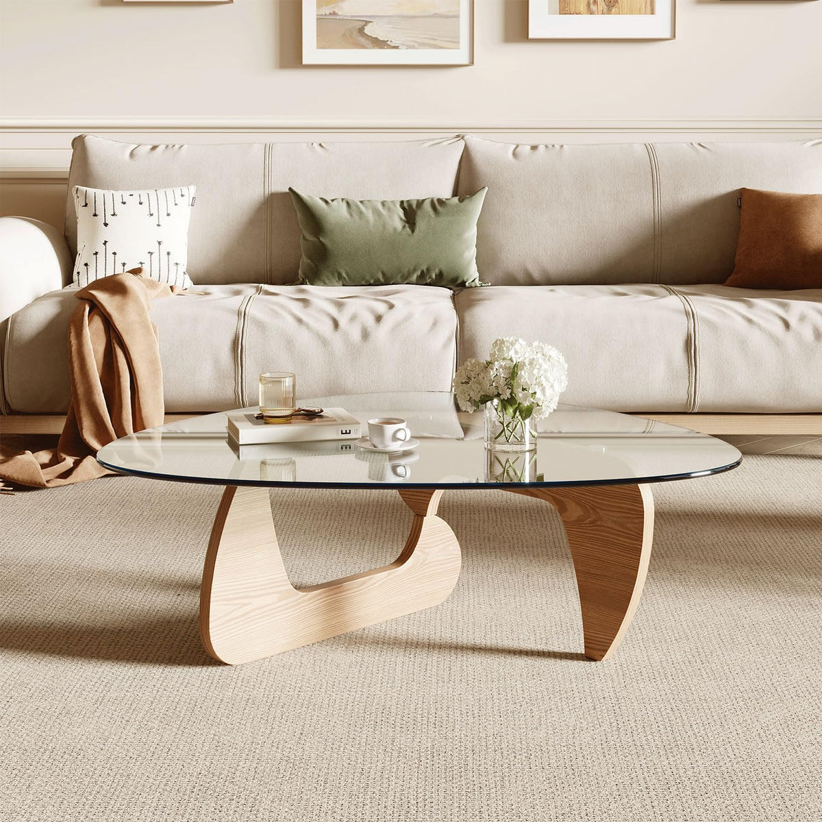Modern Coffee Table with Tempered Glass Top and Solid Wood Base V82987
